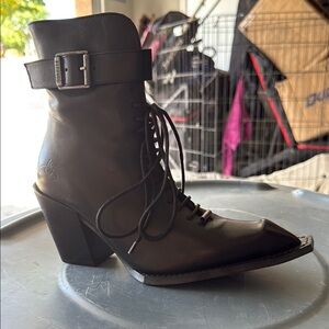 John Fluevog Black Lace Up Boots with Pointed Toe